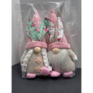 Easter Bunny Gnome Couple Decor Set With Knit Hats & Flower Accents